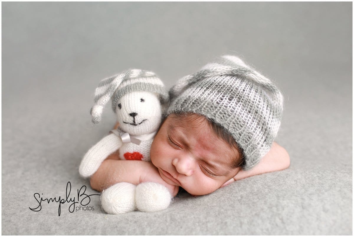 edmonton newborn photographer teddy bear grey and blue color theme